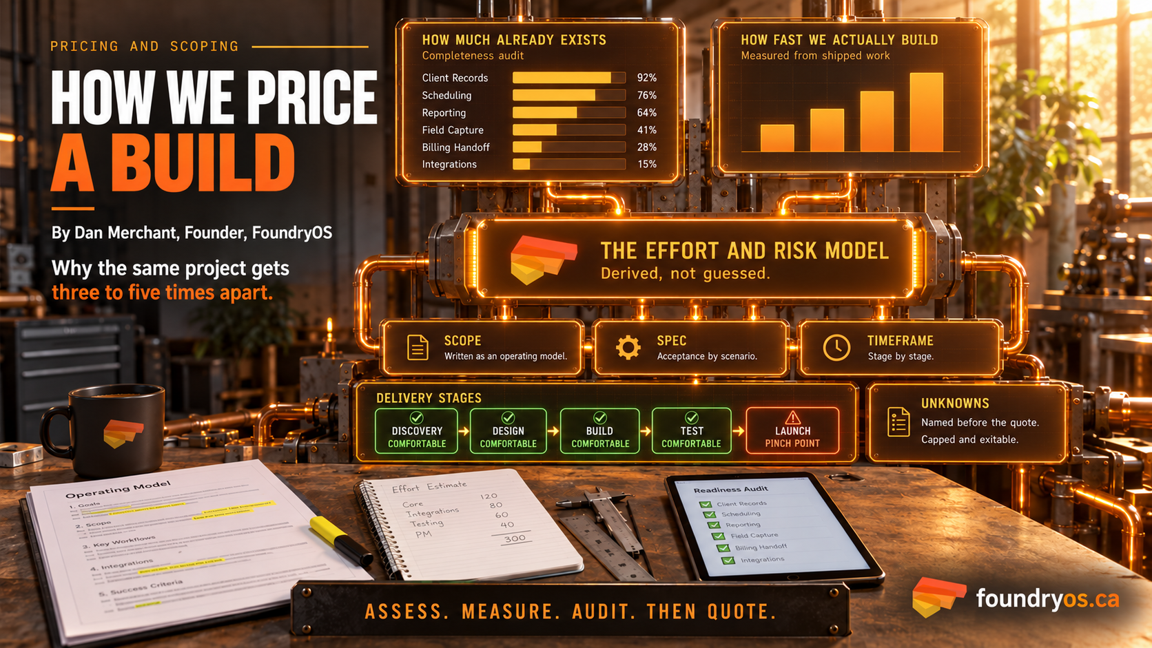 Infographic on a warm industrial workshop background. Glowing amber panels are joined by copper pipework into one connected instrument. Two input panels feed downward: How much already exists, an illustrative completeness audit listing Client Records 92 percent, Scheduling 76, Reporting 64, Field Capture 41, Billing Handoff 28 and Integrations 15; and How fast we actually build, measured from shipped work, shown as a rising bar chart. They converge on a central panel reading The Effort and Risk Model, derived not guessed, which outputs three panels: Scope written as an operating model, Spec accepted by scenario, and Timeframe stage by stage. Below, a Delivery Stages strip shows Discovery, Design, Build and Test marked comfortable and Launch flagged as a pinch point, beside an Unknowns panel reading named before the quote, capped and exitable. On the workbench sit a marked-up operating model document, a notepad headed Effort Estimate with illustrative worked arithmetic, calipers, a steel rule and a tablet showing a readiness audit. A banner reads Assess. Measure. Audit. Then quote.