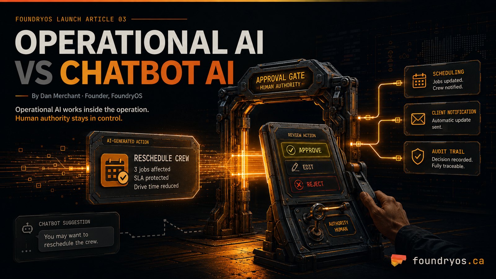Operational AI vs chatbot AI: an AI-generated action card — reschedule crew, 3 jobs affected, SLA protected, drive time reduced — routed through an approval gate marked HUMAN AUTHORITY, where a person chooses approve, edit or reject. Approval fans out to scheduling updates, client notification and an audit trail. Off to the side, a chatbot only suggests 'you may want to reschedule the crew.'